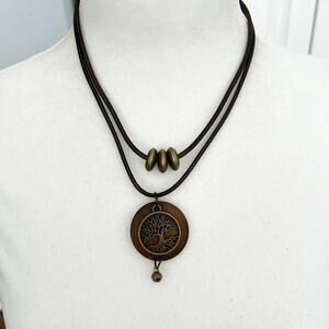 Bronze and Wood Tree of Life Funky Earthy Pendant Necklace